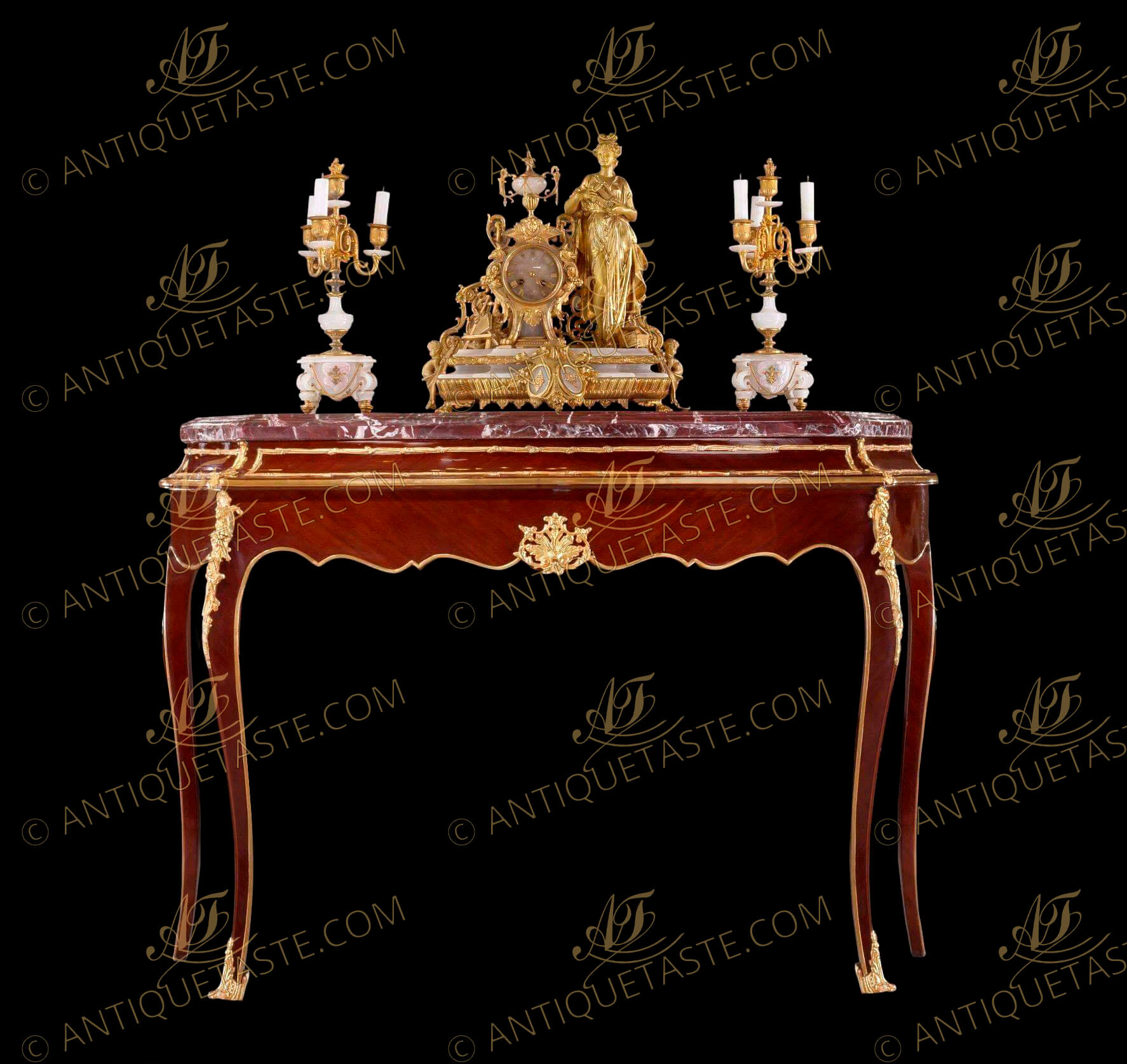 Louis XV style gilt-ormolu-mounted crossbanded veneer inlaid freestanding console table after the model by François Linke late 19th century